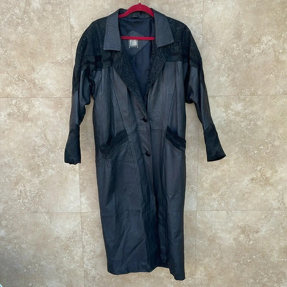 Greg Bell Leather Trench Coat Long Sleeve Collared Button Midi Black Size S - Picture 3 of 16